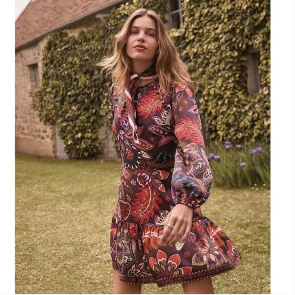 LOFT Petite Floral Paisley Women's Brown Red Orange Floral Satin Mini Dress!